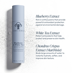 Blueberry & White Tea Hydrating Mist | Circadia bottle with text describing blueberry extract, white tea extract, and Chondrus Crispus extract benefits for skincare hydration and protection.