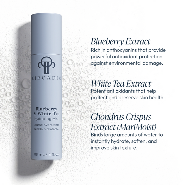 Blueberry & White Tea Hydrating Mist | Circadia bottle with text describing blueberry extract, white tea extract, and Chondrus Crispus extract benefits for skincare hydration and protection.