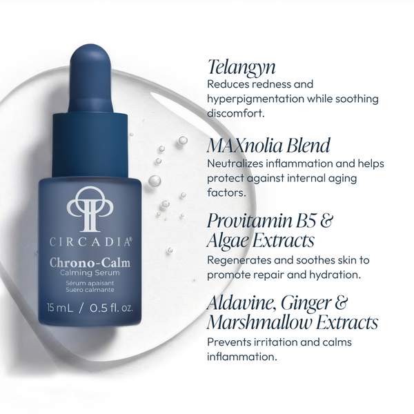 Blue dropper bottle of Chrono-Calm | Circadia calming serum shown with a white background, alongside text highlighting ingredients like Telangyn, MAXnolia Blend, Provitamin B5, Algae Extracts, Aldavine, Ginger, and Marshmallow Extracts that reduce redness