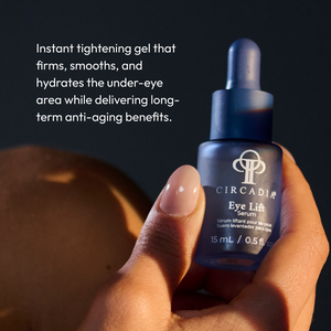 Hand holding a blue frosted glass dropper bottle of Eye Lift Serum (formerly Emergency Eye Lift) | Circadia with text describing it as an instant tightening gel that firms, smooths, and hydrates the under-eye area while delivering long-term anti-aging ben
