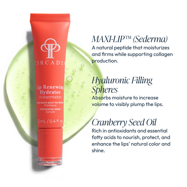 Lip Renewing Hydrator - Watermelon | Circadia tube in coral color displayed with green gel background, highlighting moisturizing and collagen-supporting skincare ingredients.