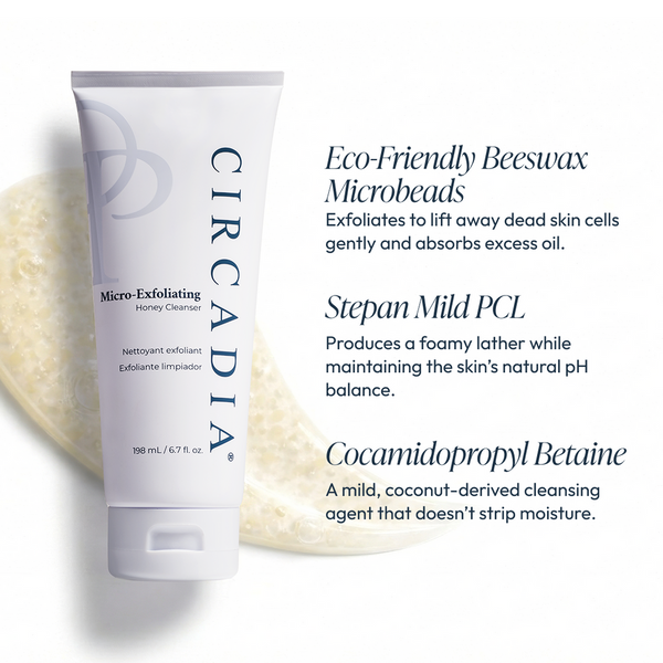 Tube of Micro-Exfoliating Honey Cleanser - 2 oz | Circadia with creamy cleanser texture visible, highlighting eco-friendly beeswax microbeads, gentle exfoliation, and moisturizing cleansing ingredients for skincare.