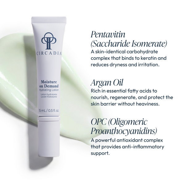 Tube of Moisture on Demand | Circadia hydrating lotion with green lotion smear, highlighting key ingredients Pentavitin, Argan Oil, and OPC for skincare benefits.