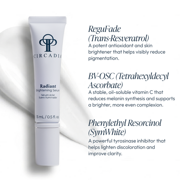 Tube of Radiant Brightening Serum (Formerly Bright White Serum) | Circadia displayed next to descriptions of key antioxidant and skin brightening ingredients that help reduce pigmentation and even complexion.