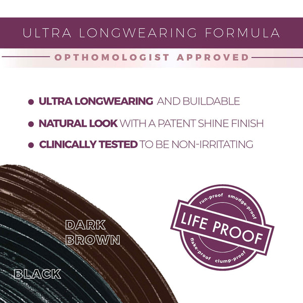 Text highlighting features of Original Tubing Mascara | Blinc, emphasizing ultra longwearing, natural shine finish, clinical testing, available in black and dark brown, and labeled as life proof with run-proof, smudge-proof, water-proof, and clump-proof q