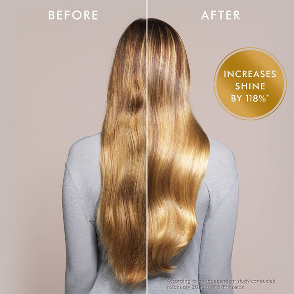 Side-by-side comparison of a woman's long hair before and after using Moroccanoil Treatment Light - Mini Travel | Moroccanoil, showing increased shine and smoothness.