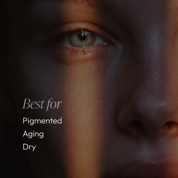 Close-up of a person’s face with soft natural light highlighting the skin, accompanied by text stating "Best for Pigmented, Aging, Dry" conditions, promoting Amandola Milk Cleanser | Circadia skincare.