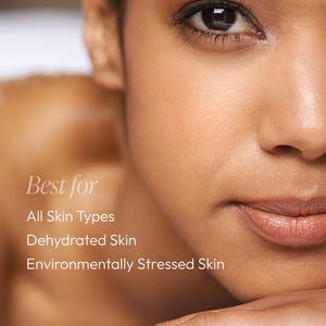 Close-up of a woman’s face with clear, hydrated skin, highlighting natural beauty and wellness, promoting Blueberry & White Tea Hydrating Mist | Circadia for all skin types.