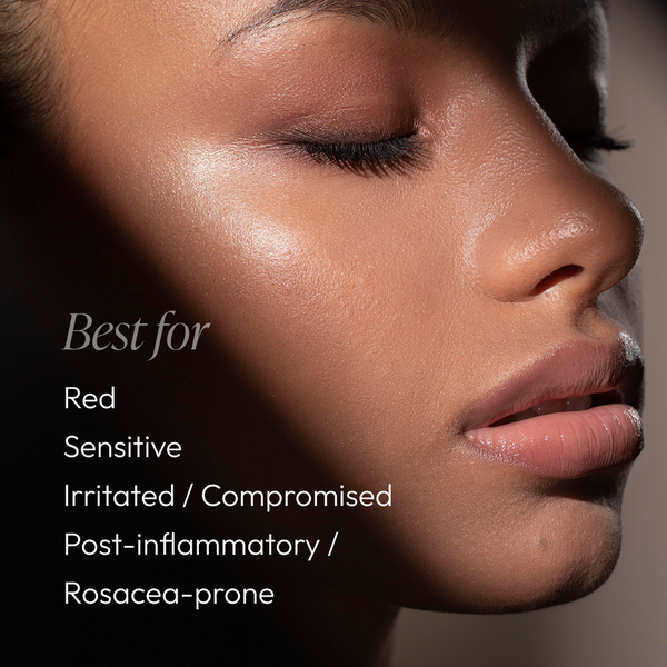 Close-up of a serene woman with smooth skin and closed eyes, showcasing calming skincare benefits of Chrono-Calm | Circadia for sensitive and rosacea-prone skin.