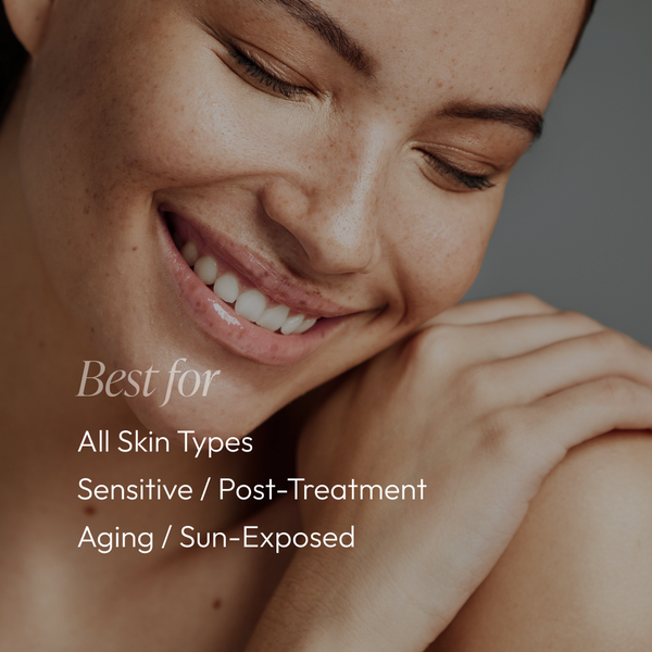 Close-up of a smiling person with clear skin, highlighting benefits suitable for all skin types including sensitive, post-treatment, aging, and sun-exposed skin, promoting Light Day Sunscreen Broad Spectrum SPF 37 | Circadia.