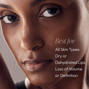 Close-up of a woman with smooth skin highlighting hydration benefits, promoting Lip Renewing Hydrator - Naked | Circadia for all skin types with dry or dehydrated lips and loss of volume or definition.