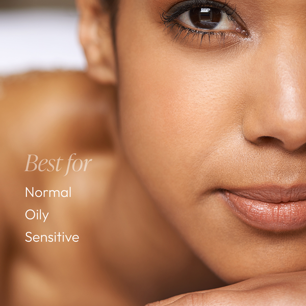 Close-up of a woman with clear, smooth skin, highlighting skincare suitability for normal, oily, and sensitive skin with Lipid Replacing Cleansing Gel | Circadia.