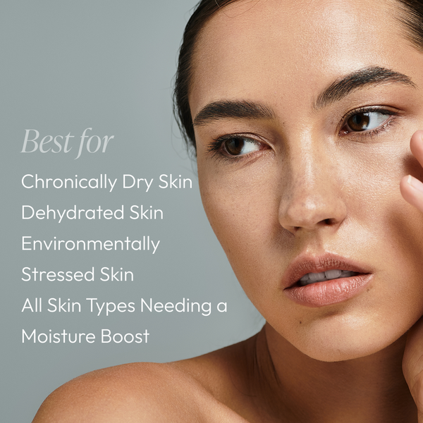 Close-up of a woman with clear, hydrated skin looking thoughtfully to the side, illustrating skincare benefits of Moisture on Demand | Circadia for dry, dehydrated, and environmentally stressed skin.