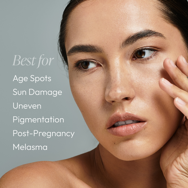 Image of a woman gently touching her cheek, highlighting clear skin, alongside text listing benefits for age spots, sun damage, uneven pigmentation, post-pregnancy, and melasma for Radiant Brightening Serum (Formerly Bright White Serum) | Circadia.