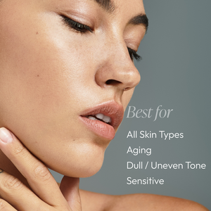 Close-up of a woman with clear, glowing skin touching her neck gently, alongside text highlighting that Vitamin C Reversal Antioxidant Serum | Circadia is best for all skin types, aging, dull or uneven tone, and sensitive skin.