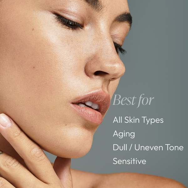 Close-up of a woman with clear, glowing skin touching her neck gently, alongside text highlighting that Vitamin C Reversal Antioxidant Serum | Circadia is best for all skin types, aging, dull or uneven tone, and sensitive skin.
