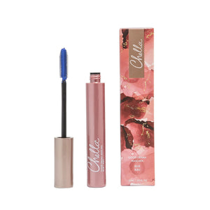 Rose gold tube of Good Drama Mascara | Chella with a blue mascara wand and matching decorative box featuring pink and gold accents on a white background.