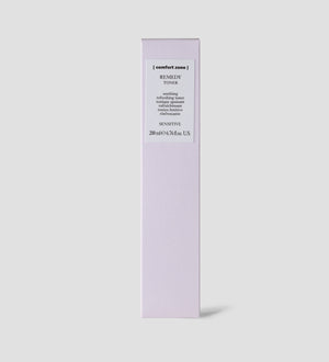 Minimalist light purple packaging of Remedy Toner | [ comfort zone ] showing product details for a soothing, refreshing toner designed for sensitive skin in a skincare collection.