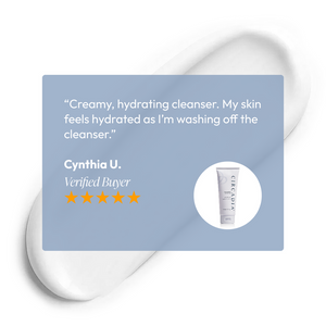 Customer review highlighting the creamy, hydrating texture of Amandola Milk Cleanser | Circadia with a five-star rating and a small image of the product tube on a light blue background.