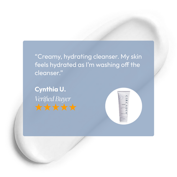Customer review highlighting the creamy, hydrating texture of Amandola Milk Cleanser | Circadia with a five-star rating and a small image of the product tube on a light blue background.
