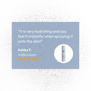 Customer testimonial on a blue background with water droplets, featuring a five-star rating and a small image of the Blueberry & White Tea Hydrating Mist | Circadia bottle.