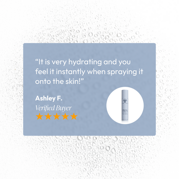 Customer testimonial on a blue background with water droplets, featuring a five-star rating and a small image of the Blueberry & White Tea Hydrating Mist | Circadia bottle.