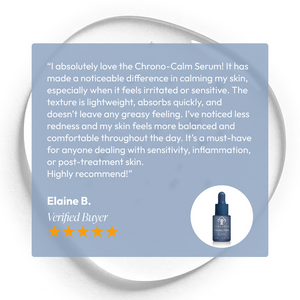 Customer testimonial praising the Chrono-Calm | Circadia serum for calming sensitive skin with a lightweight, fast-absorbing texture that reduces redness and promotes balanced, comfortable skin.