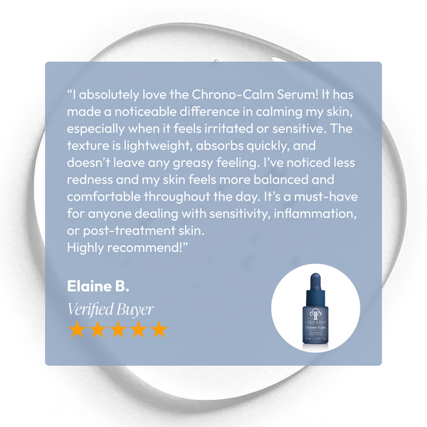 Customer testimonial praising the Chrono-Calm | Circadia serum for calming sensitive skin with a lightweight, fast-absorbing texture that reduces redness and promotes balanced, comfortable skin.