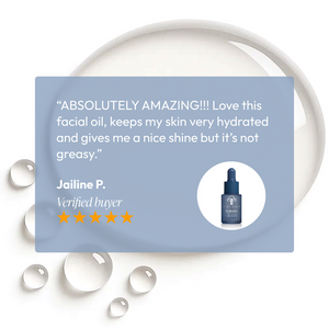Customer review of Hydralox | Circadia facial oil displayed over clear, glistening oil droplets background, highlighting hydration benefits without greasiness.