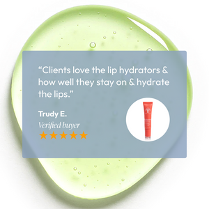 Customer review highlighting lasting hydration and effectiveness of Lip Renewing Hydrator - Watermelon | Circadia with a small image of the product on a green gel background.