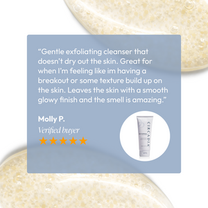 Customer review quote about the gentle exfoliating qualities of Micro-Exfoliating Honey Cleanser - 2 oz | Circadia with a smooth, glowy finish, alongside an image of the cleanser tube and honey-colored exfoliating texture in the background.