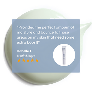 Customer review highlighting skin hydration and bounce benefits with a small image of Moisture on Demand | Circadia skincare lotion against a soft, creamy background.
