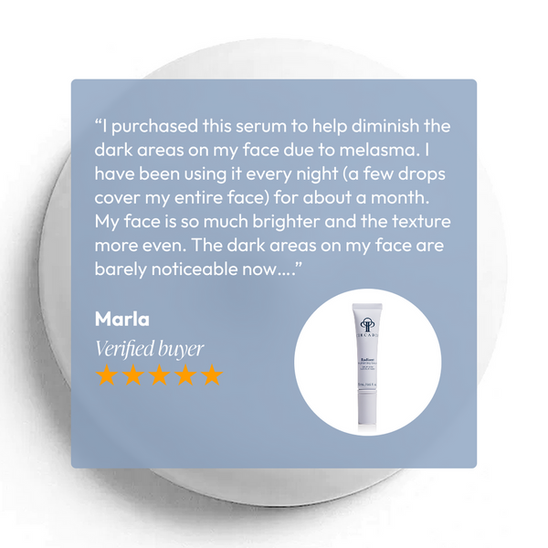 Customer testimonial praising Radiant Brightening Serum (Formerly Bright White Serum) | Circadia for reducing dark spots and improving skin brightness and texture, with a five-star rating.