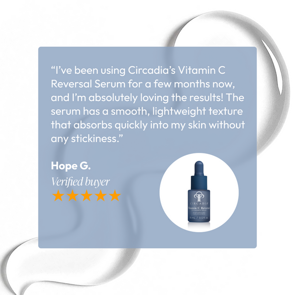 Testimonial quote praising Vitamin C Reversal Antioxidant Serum | Circadia for its smooth, lightweight texture that absorbs quickly without stickiness, alongside an image of the serum bottle.