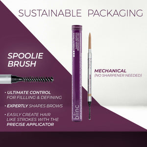 Close-up of Eyebrow Pencil - Blonde | Blinc with spoolie brush on one end and mechanical tip on the other, highlighting sustainable packaging and precise brow shaping features.
