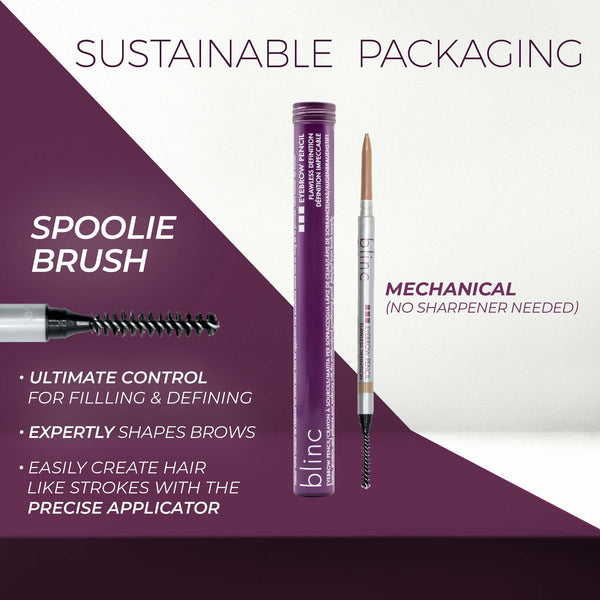 Close-up of Eyebrow Pencil - Blonde | Blinc with spoolie brush on one end and mechanical tip on the other, highlighting sustainable packaging and precise brow shaping features.
