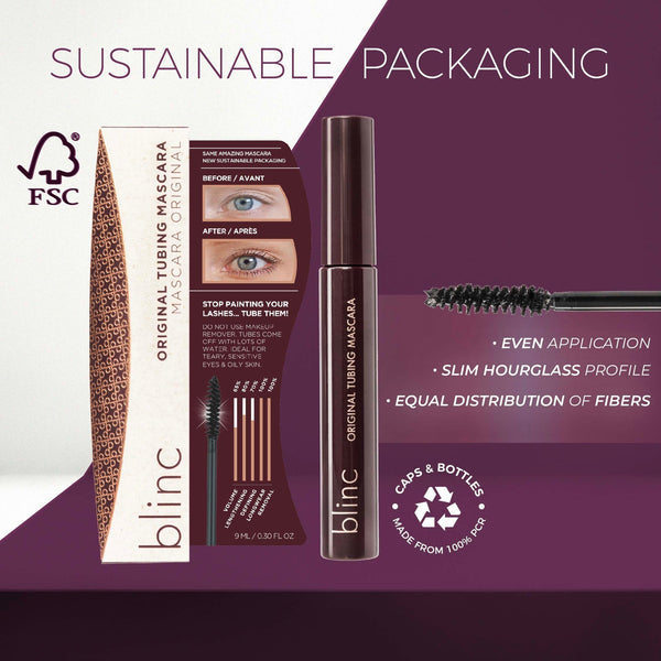 Original Tubing Mascara | Blinc with sustainable packaging, featuring before and after eye images and a mascara wand showing even application with a slim hourglass profile and fiber distribution.