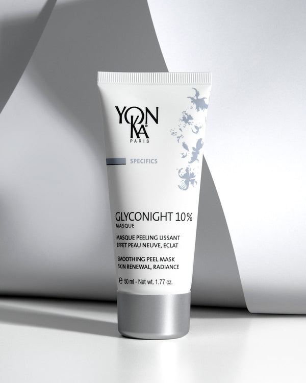 Tube of GlycoNight 10% Peel Masque | Yon-Ka Paris skincare product standing on a white surface with soft shadows and a minimalist background.