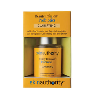 Skin Authority Beauty Infusion Probiotics for Clarifying in a yellow box packaging, a skincare supplement designed to enhance foundation, skin care, or use as a primer.