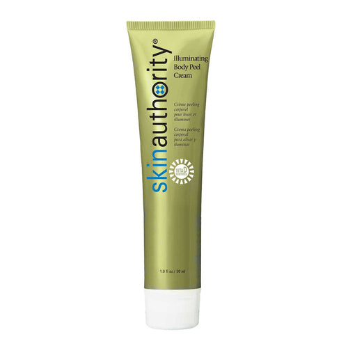 Tube of Illuminating Body Peel Cream | Skin Authority in olive green packaging with white cap, designed for body skincare to exfoliate and brighten skin.