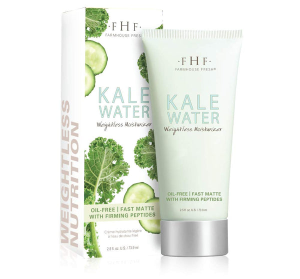 Tube and packaging of Kale Water Weightless Moisturizer | Farmhouse Fresh featuring illustrations of kale and cucumber, highlighting oil-free, fast matte skincare with firming peptides.