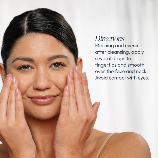 Woman with clear skin gently applying moisturizer to her face, demonstrating usage directions for Moisture on Demand | Circadia skincare product.