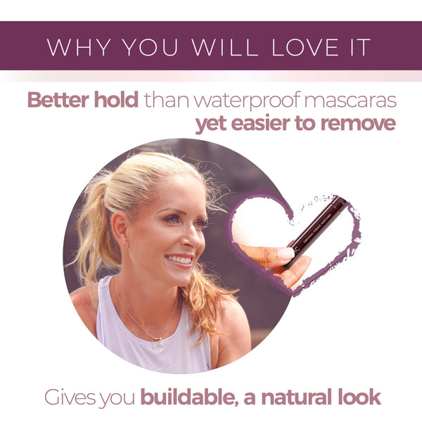 Smiling woman exercising outdoors alongside a close-up of a hand holding Original Tubing Mascara | Blinc framed in a heart, highlighting its better hold than waterproof mascaras and easy removal with a natural look.