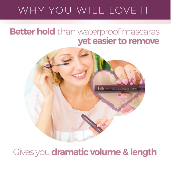 Smiling woman applying UltraVolume Tubing Mascara - Black | Blinc with close-up of the mascara tube, highlighting dramatic volume, length, and easy removal benefits.