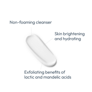 Smooth white cream texture showcasing Amandola Milk Cleanser | Circadia with notes highlighting non-foaming formula, skin brightening and hydrating, plus exfoliating benefits from lactic and mandelic acids.