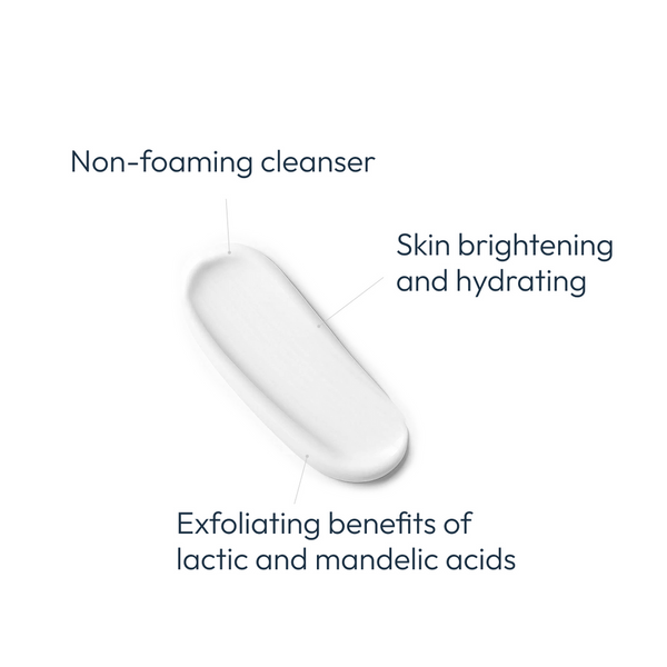 Smooth white cream texture showcasing Amandola Milk Cleanser | Circadia with notes highlighting non-foaming formula, skin brightening and hydrating, plus exfoliating benefits from lactic and mandelic acids.