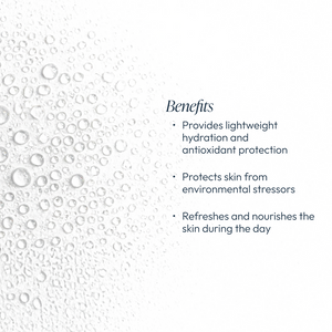 Close-up of water droplets on a white surface next to text listing benefits of hydration, antioxidant protection, and skin nourishment related to Blueberry & White Tea Hydrating Mist | Circadia in skincare.