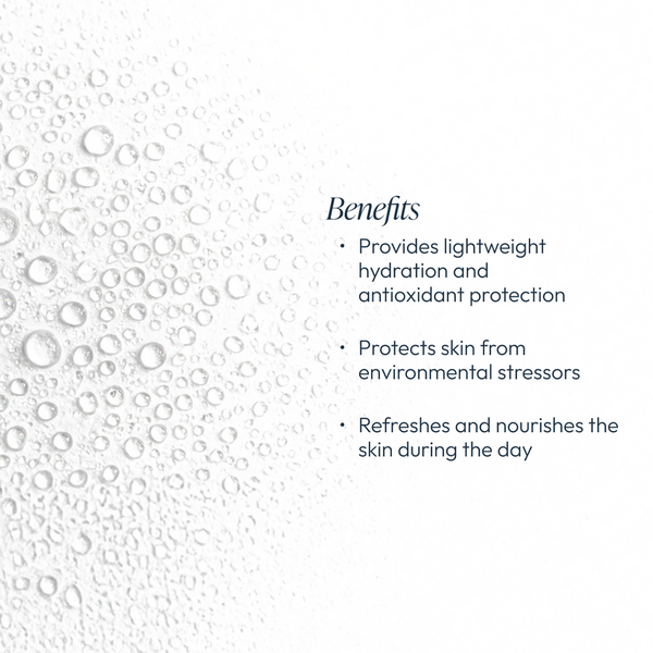 Close-up of water droplets on a white surface next to text listing benefits of hydration, antioxidant protection, and skin nourishment related to Blueberry & White Tea Hydrating Mist | Circadia in skincare.