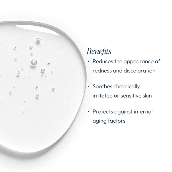 Clear serum droplet with bubbles next to text listing benefits of Chrono-Calm | Circadia, highlighting soothing, redness reduction, and protection against aging for sensitive skin.