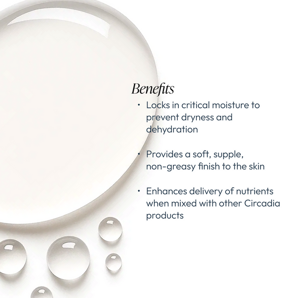 Close-up of clear skincare oil droplets on a white surface with text describing benefits: locks in moisture to prevent dryness, provides a soft non-greasy finish, and enhances nutrient delivery when mixed with other Circadia products, highlighting Hydralo